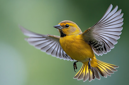 Beautiful goldfinch bird in fly on blurred green background, an Animal Photo by AlyaAnd
