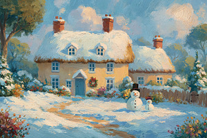 Cozy winter cottage painting with snow, snowman, and Christmas w, a Decorative Illustration by Anneleven