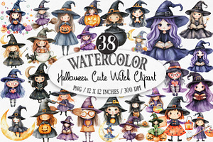 Halloween Cute Witch Clipart, an Illustration by Designking