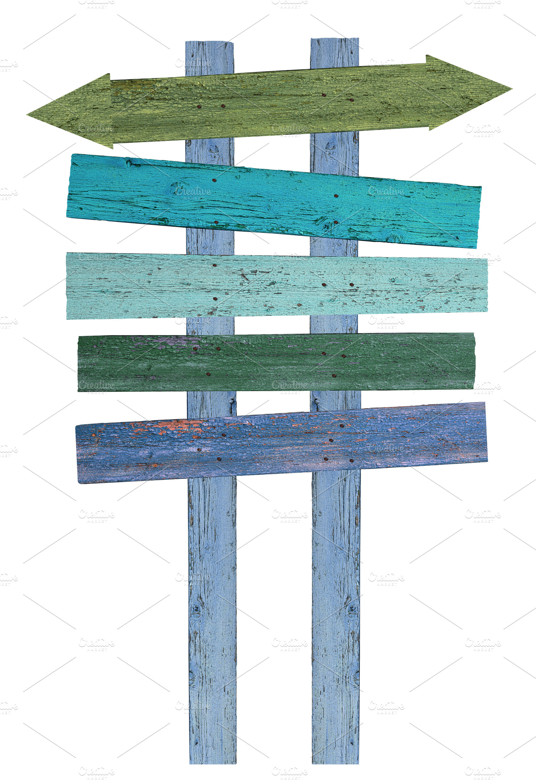 Wooden sign made of multi-colored old boards fixed on two vertic, an Abstract Photo by ndanko