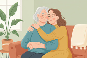 Adult Daughter Hugging Senior Mother, a Person Illustration by Virgo Studio