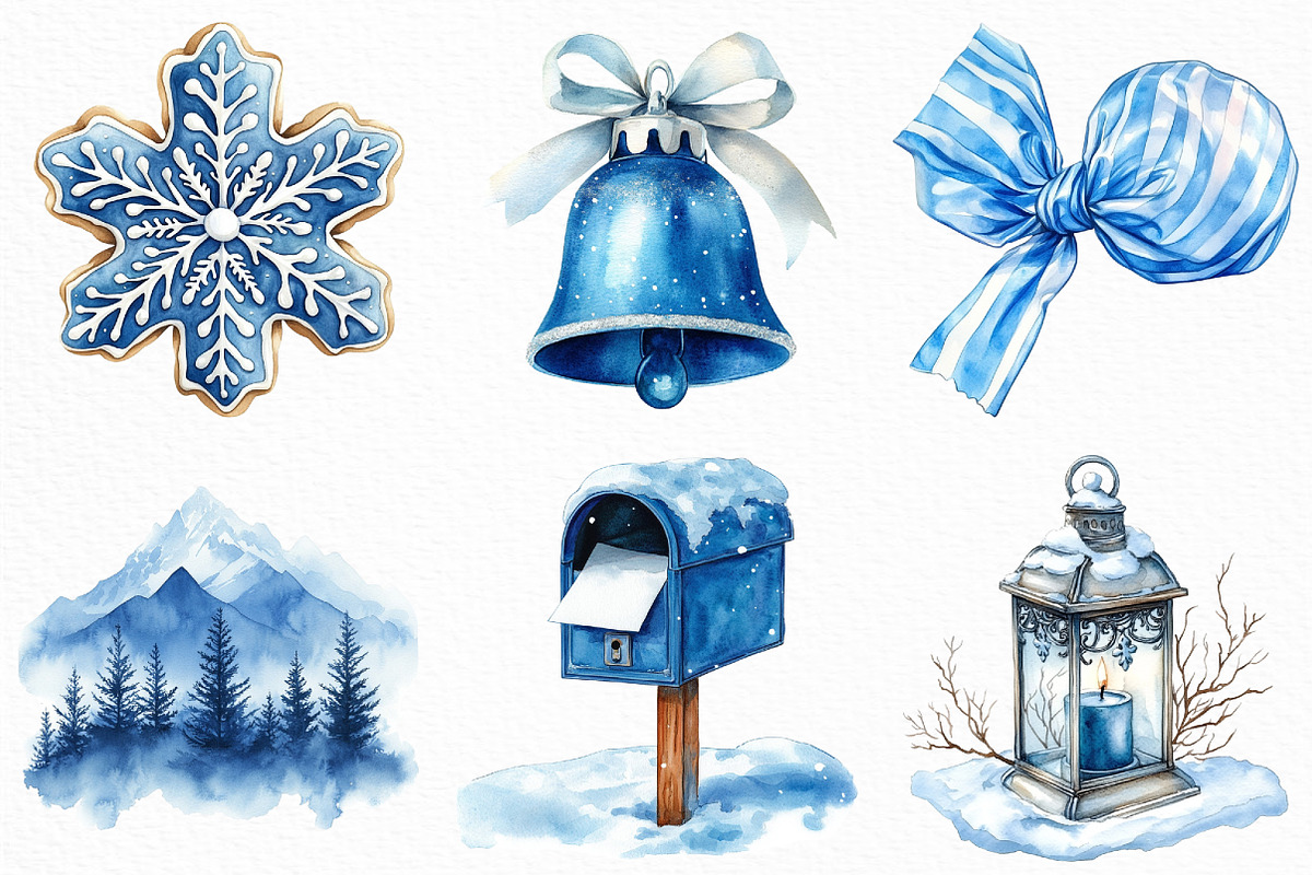 Watercolor Blue Christmas Clipart, an Illustration by Craft Nest (Photo 3 of 6)