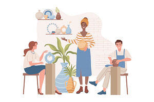 Woman teaching people on pottery