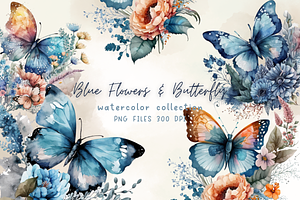 Blue Flowers Butterfly Watercolor