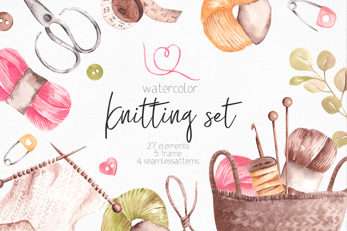 Watercolor Knitting Set Clipart, a Texture Illustration by YuliyaArtGarden (Photo 1 of 8)