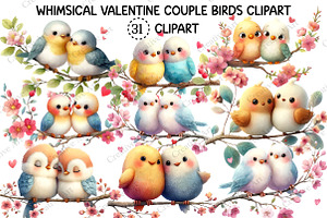 Whimsical Valentine Couple Birds Cli, an Illustration by Creative Art