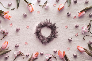 Pastel Easter wreath surrounded by, a Holiday Photo by tilialucida