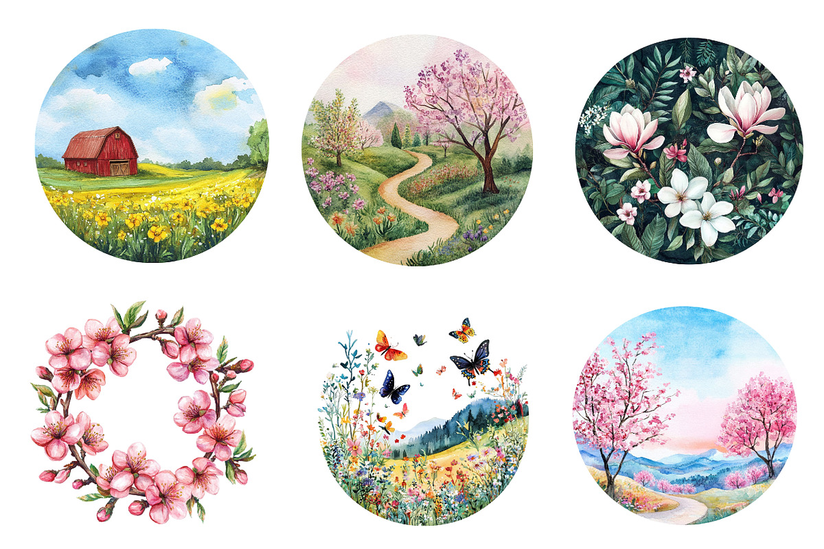 Watercolor Spring Landscapes Round, an Illustration by CreationArt (Photo 5 of 5)