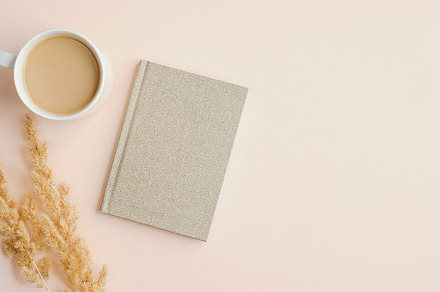 Flat lay top view home office desk stock photo containing notebook and coffee, a Beauty & Fashion Photo by photoguns