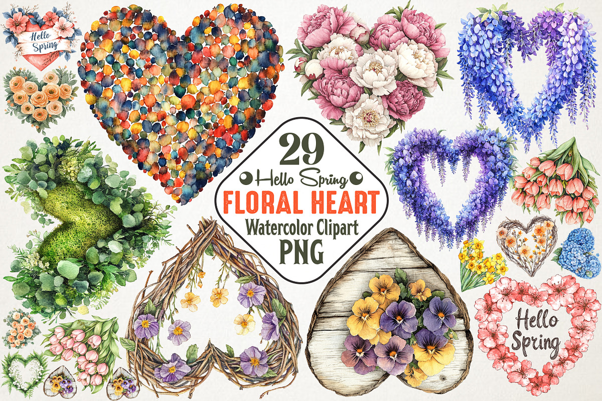Hello Spring Floral Heart Clipart, an Illustration by RobertsArt (Photo 1 of 5)