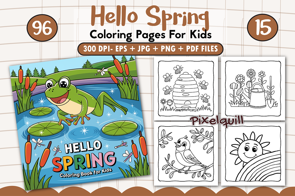Hello Spring Coloring Pages for Kids, a Graphic by CraftyCoveart