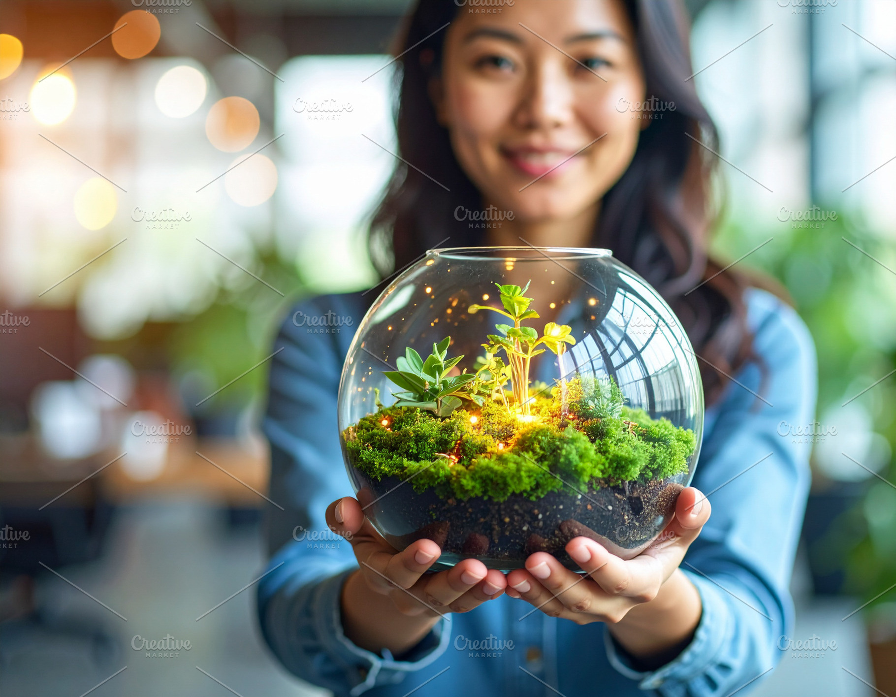 Woman entrepreneur tending to a large glass terrarium with holog, a Person Photo by DanFLCreativo