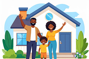 Illustration of a happy family in front of their house, waving a, a Person Illustration by DanFLCreativo