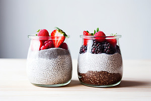 Chia pudding with berries in glasses on white background, a Food & Drink Photo by AlyaAnd