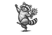Happy raccoon holding flowers in vin, an Animal Illustration by AlexArt (Thumbnail 1 of 3)