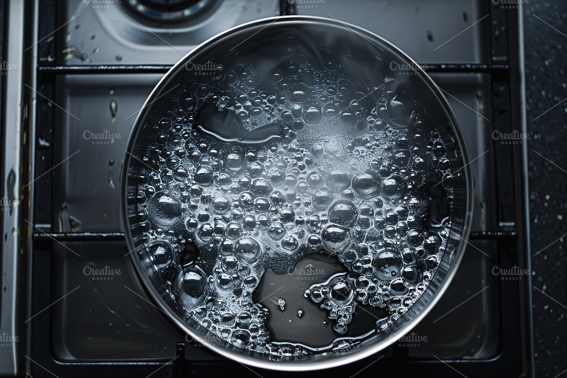 Flat lay of boiling water in pan on gas stove, a Food & Drink Photo by AlyaAnd