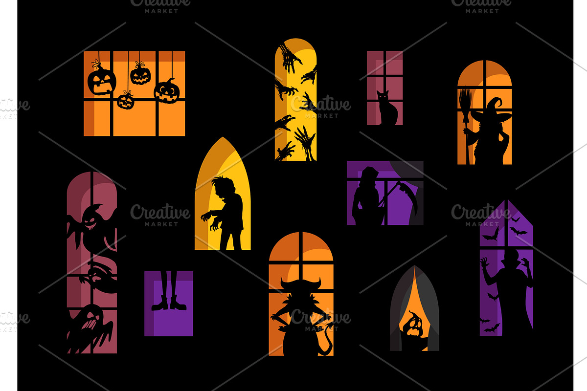 Scary silhouettes, Halloween windows, a Seasonal Illustration by Vector Tradition