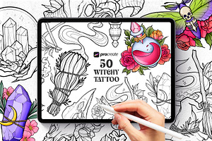 50 Witchy Tattoo Procreate Stamps