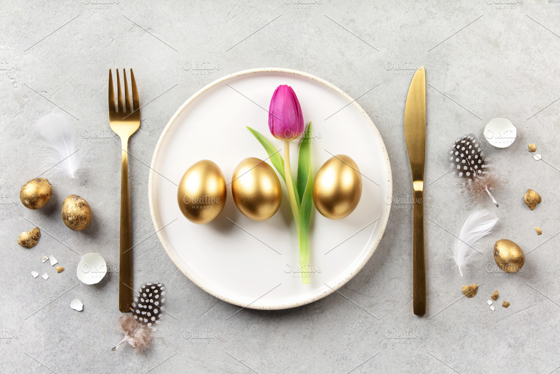 Elegant Easter Table Setting with Golden Eggs and Tulip, a Holiday Photo by Natalia Klenova's Shop