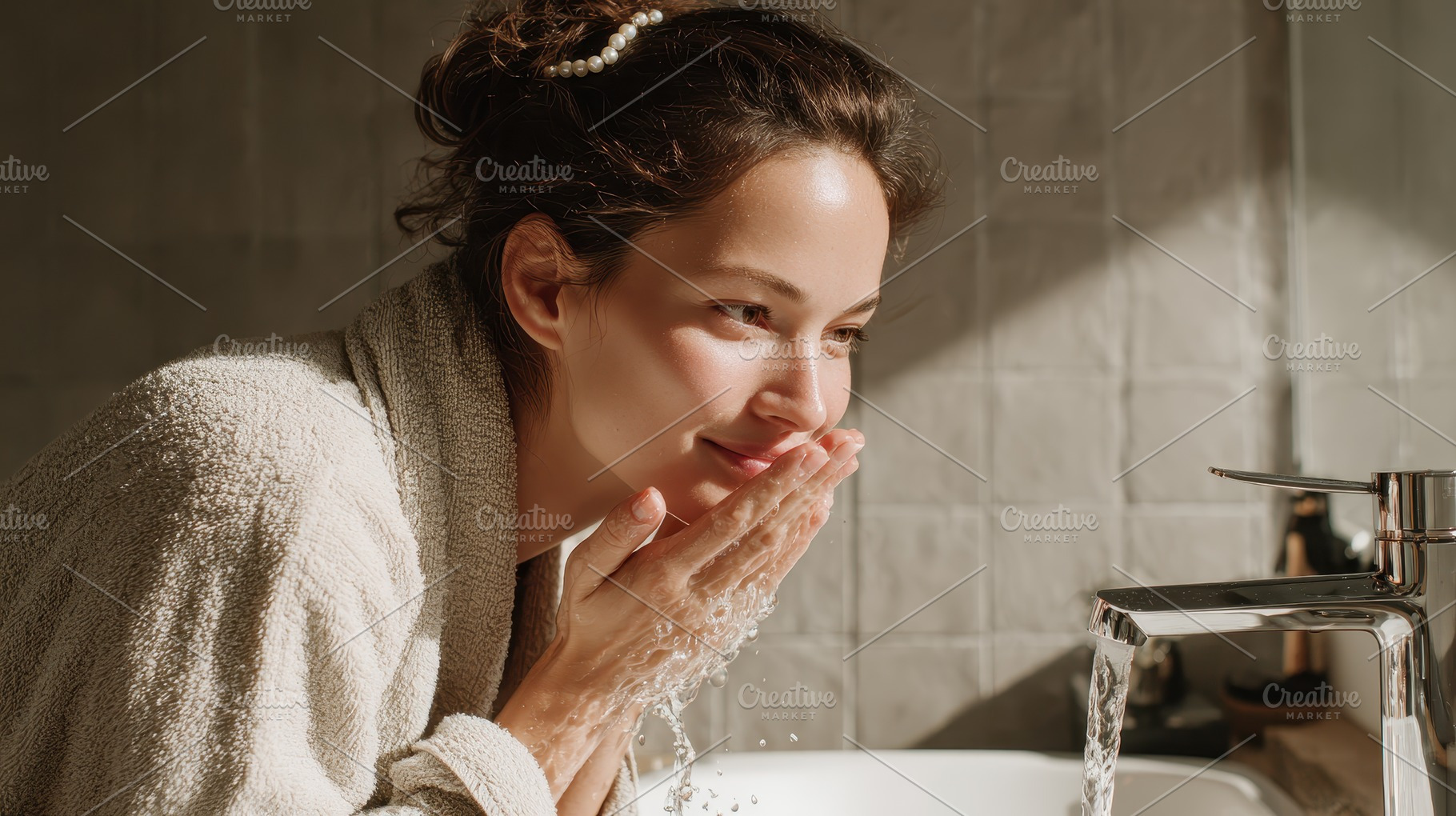 Woman washing face with water in bat, a Photo by Pixeness Studio