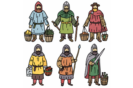 Six medieval characters, carrying, a Person Illustration by Vectorstockersland