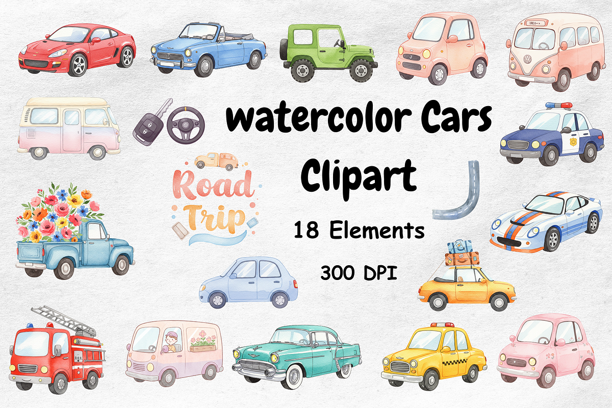 Watercolor Car Clipart, a Decorative Illustration by BerryPieArt (Photo 1 of 4)