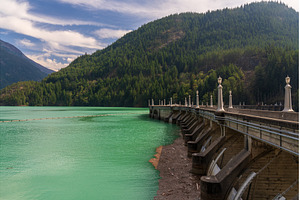 Side view of the Diablo Lake dam in, a Nature Photo by Backyard Stock