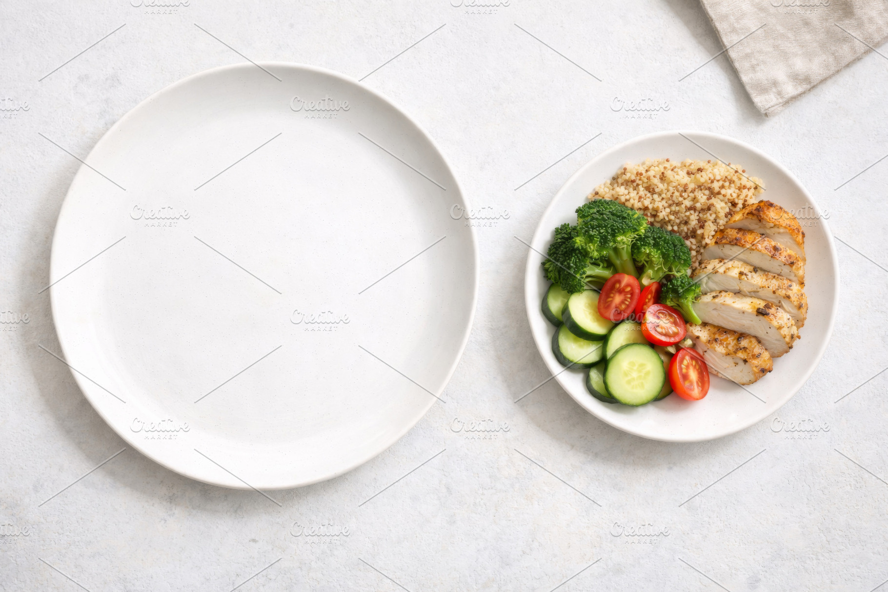 Healthy meal with chicken, quinoa, vegetables on white plate and, a Photo by Dvoevnore photos