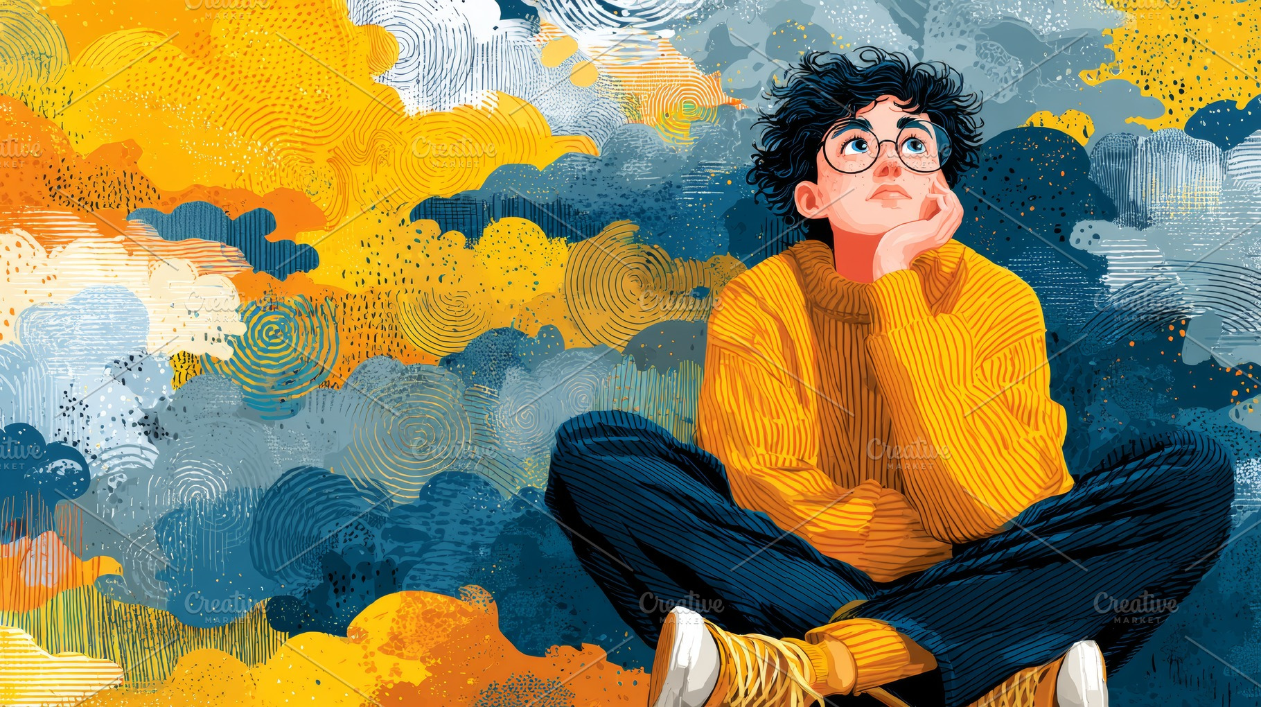 Young person dreaming about the future sitting thoughtful against a colorful im, a Photo by AS photostudio