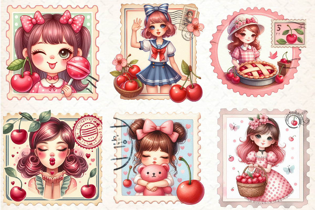 Cherry Girl Postage Stamps, an Illustration by DreamCafeArt (Photo 3 of 8)