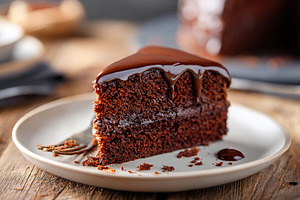 Rich chocolate sponge cake slice served on a white plate with a drizzle of choc, a Food & Drink Photo by AlyaAnd