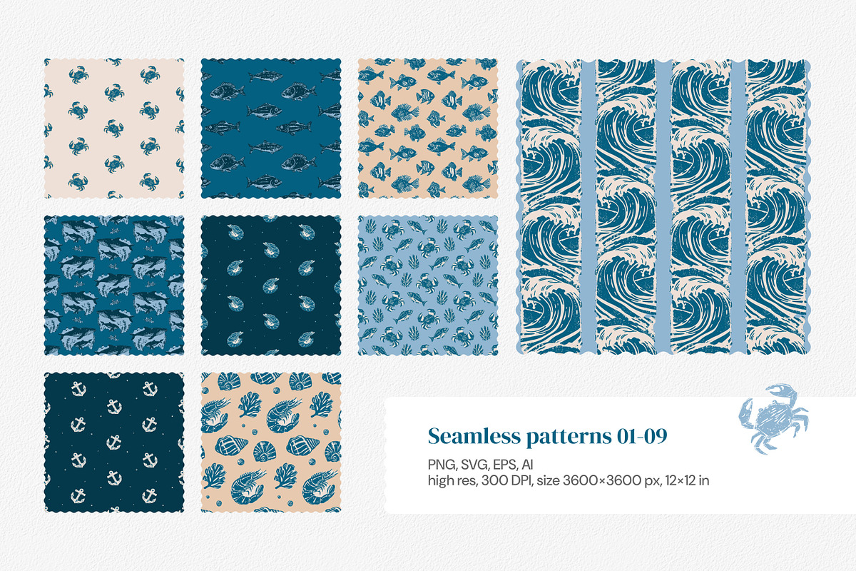 Ocean Life | Linocut collection, a Pattern Graphic by SappiStudio (Photo 5 of 21)