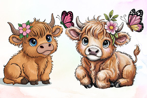 Cute Cartoon Highland Cow Butterfly, an Illustration by Sublimation Artist