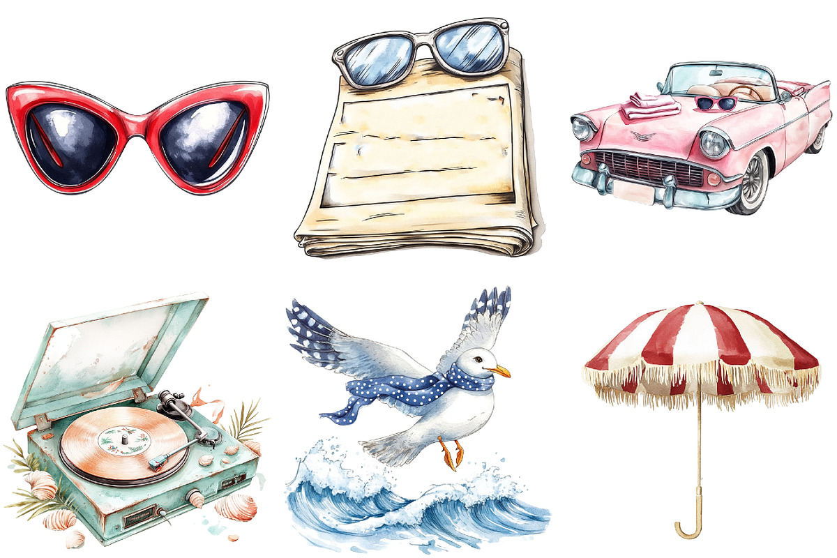 1950s Style Beach Day Clipart, an Illustration by Watercolor design (Photo 3 of 5)