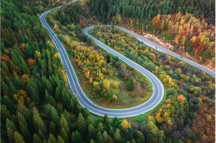 Aerial view of mountain road in, a Transportation Photo by den-belitsky