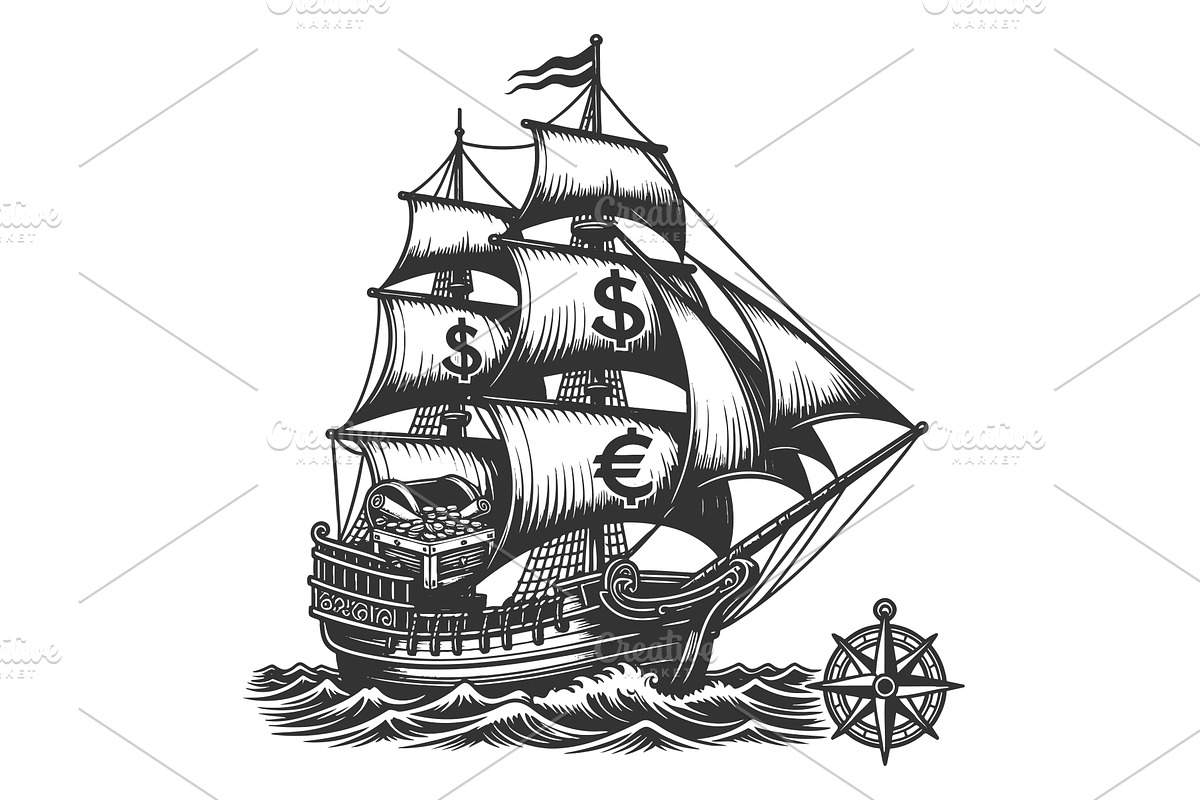 money ship in stormy sea engraving, a Finance Illustration by AlexArt
