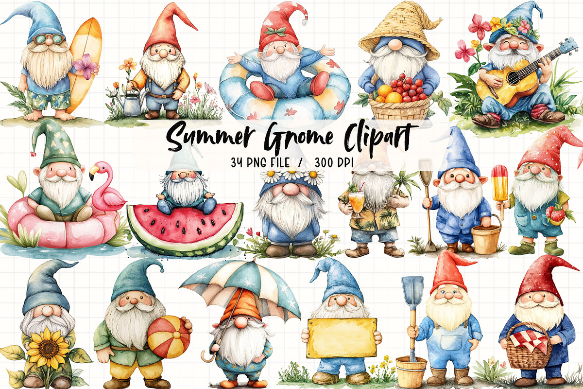 Watercolor Summer Gnome Clipart, an Illustration by Libby Wishes (Photo 1 of 6)