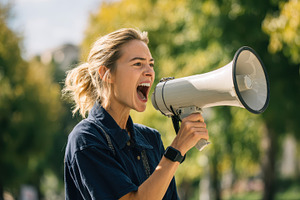 Woman shouting into megaphone outdoo, a Photo by Pixeness Studio