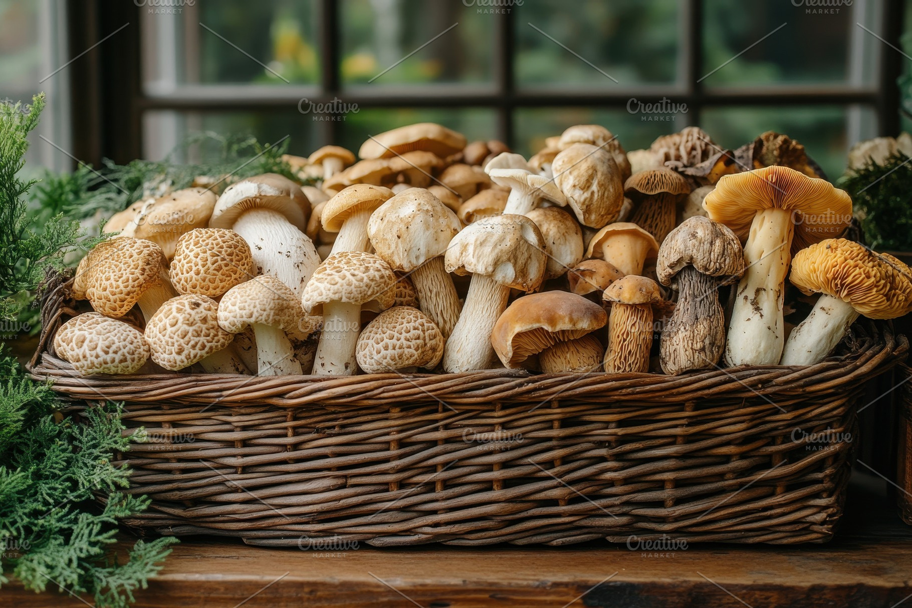 Mushroom basket filled with various, a Photo by Tanuart