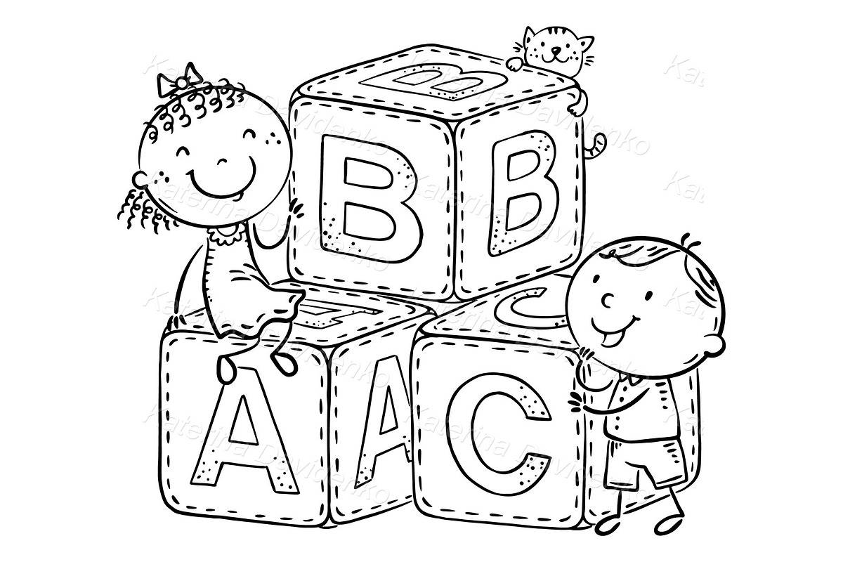 Happy kids playing with abc blocks, a Person Illustration by Bubert Art