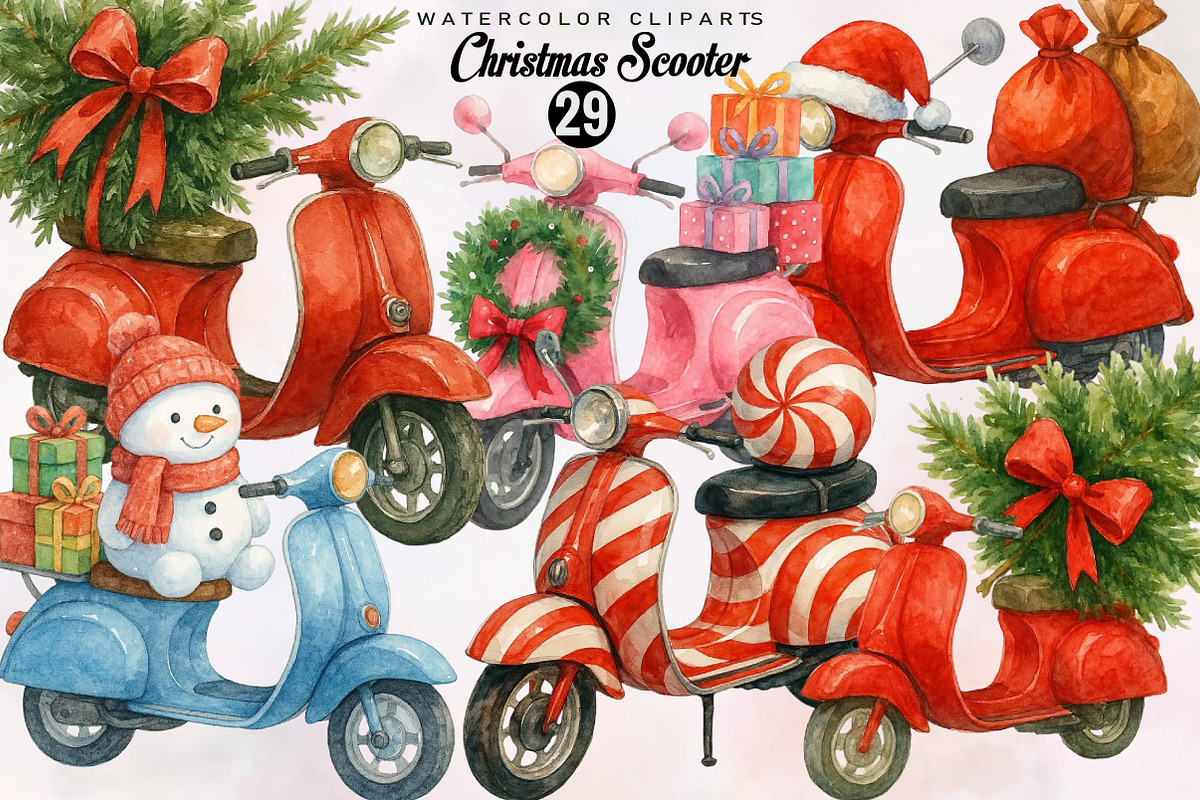 Watercolor Christmas Scooter Clipart, an Illustration by SVGArt (Photo 1 of 8)