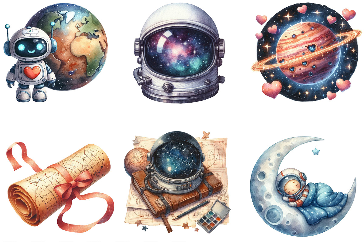 Watercolor Astronaut and Space PNG, an Illustration by Designking (Photo 3 of 4)