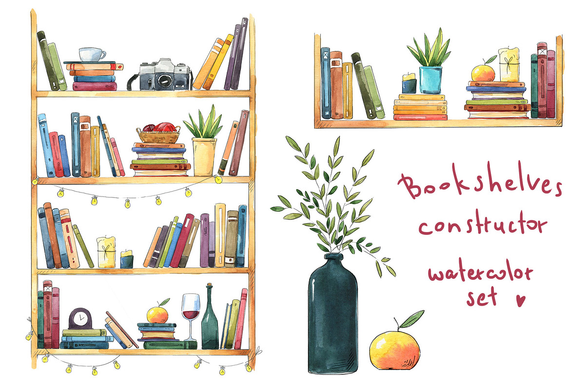 watercolor bookshelf with books set, a Decorative Illustration by Kamenuka (Photo 1 of 4)