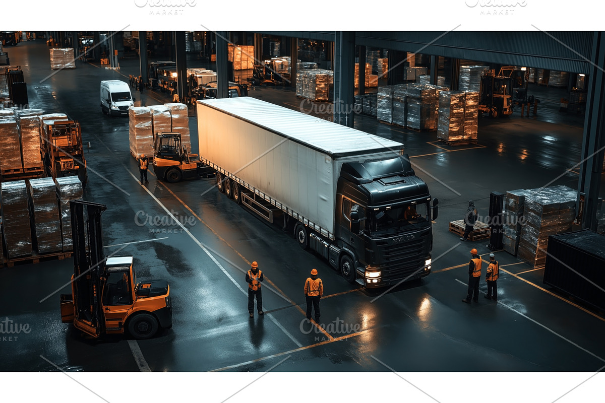 A logistics warehouse with workers, a Transportation Illustration by Sergey Kotenev