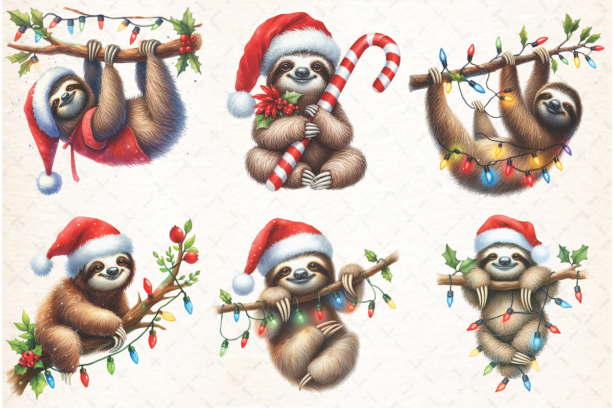 Cute Sloth Christmas Clipart PNG, an Illustration by Libby Wishes (Photo 2 of 13)