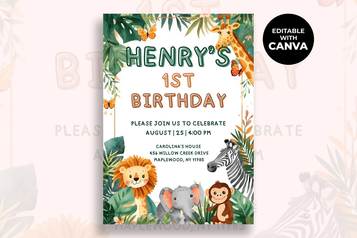 Safari First Birthday Invitation, an Invitation Template by M9 Design (Photo 1 of 4)