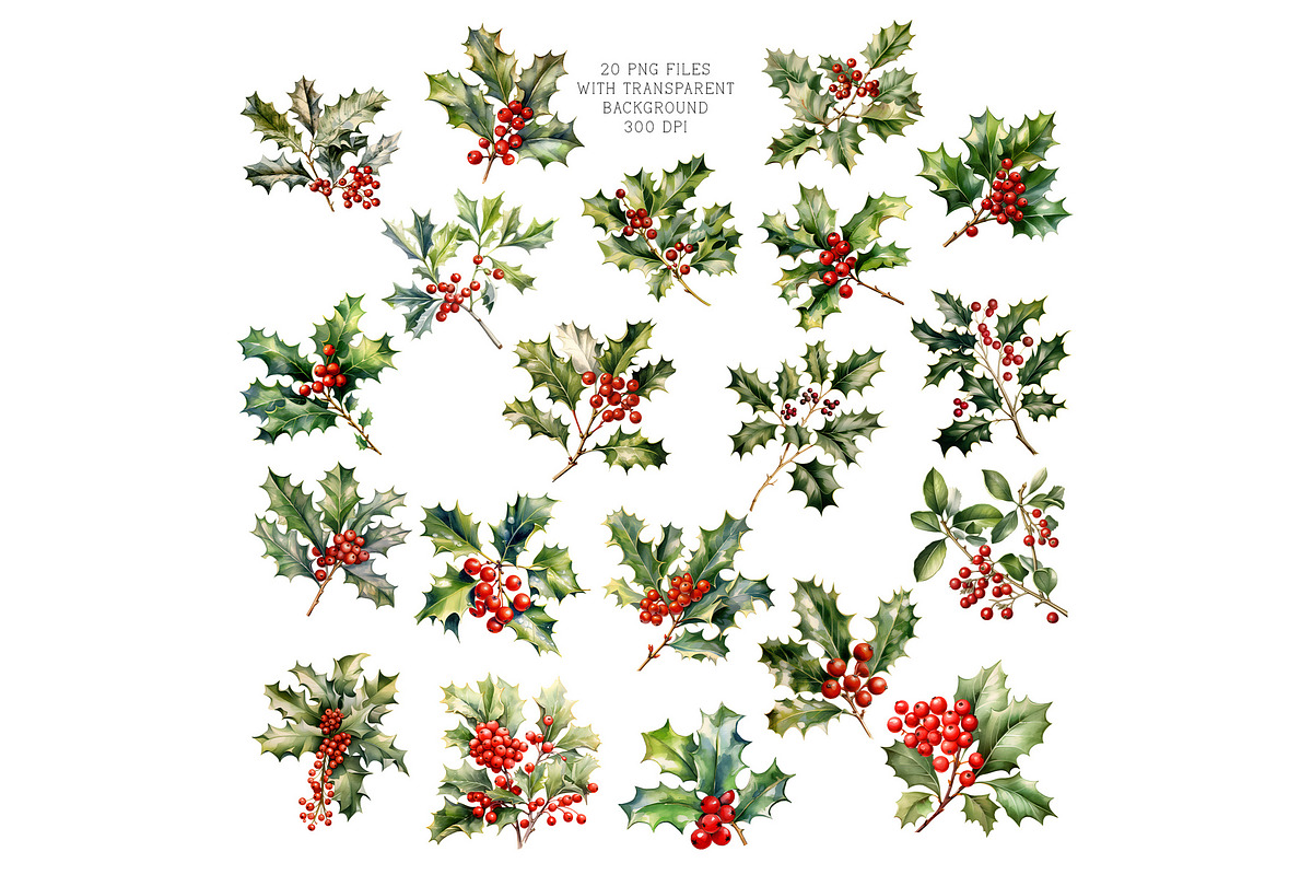 Christmas Holly Watercolor Clipart, a Decorative Illustration by Vasmila (Photo 3 of 6)