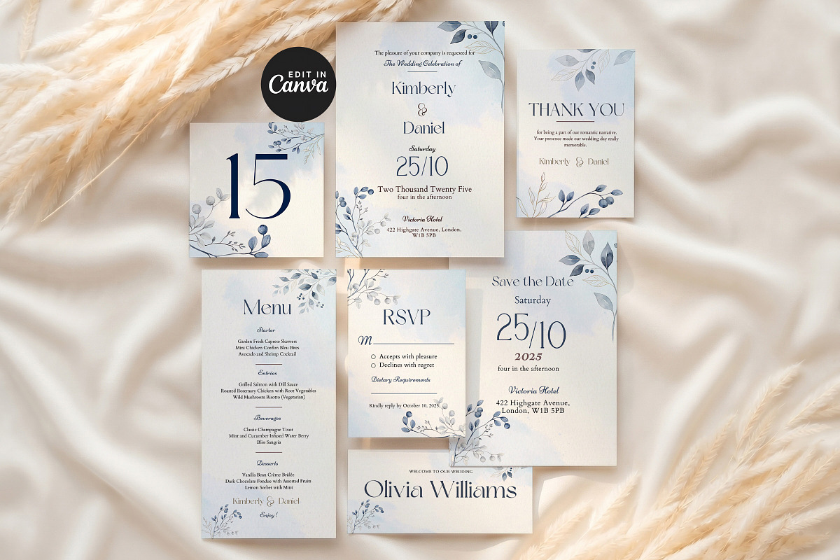 Dusty Blue Floral Wedding Suite, an Invitation Template by Arslan (Photo 2 of 6)