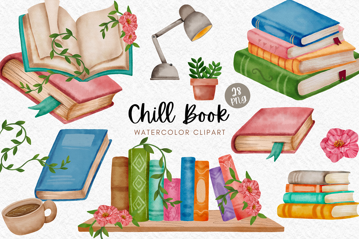Chill Book watercolor clipart PNG, an Object Illustration by AkiraVilla (Photo 1 of 9)