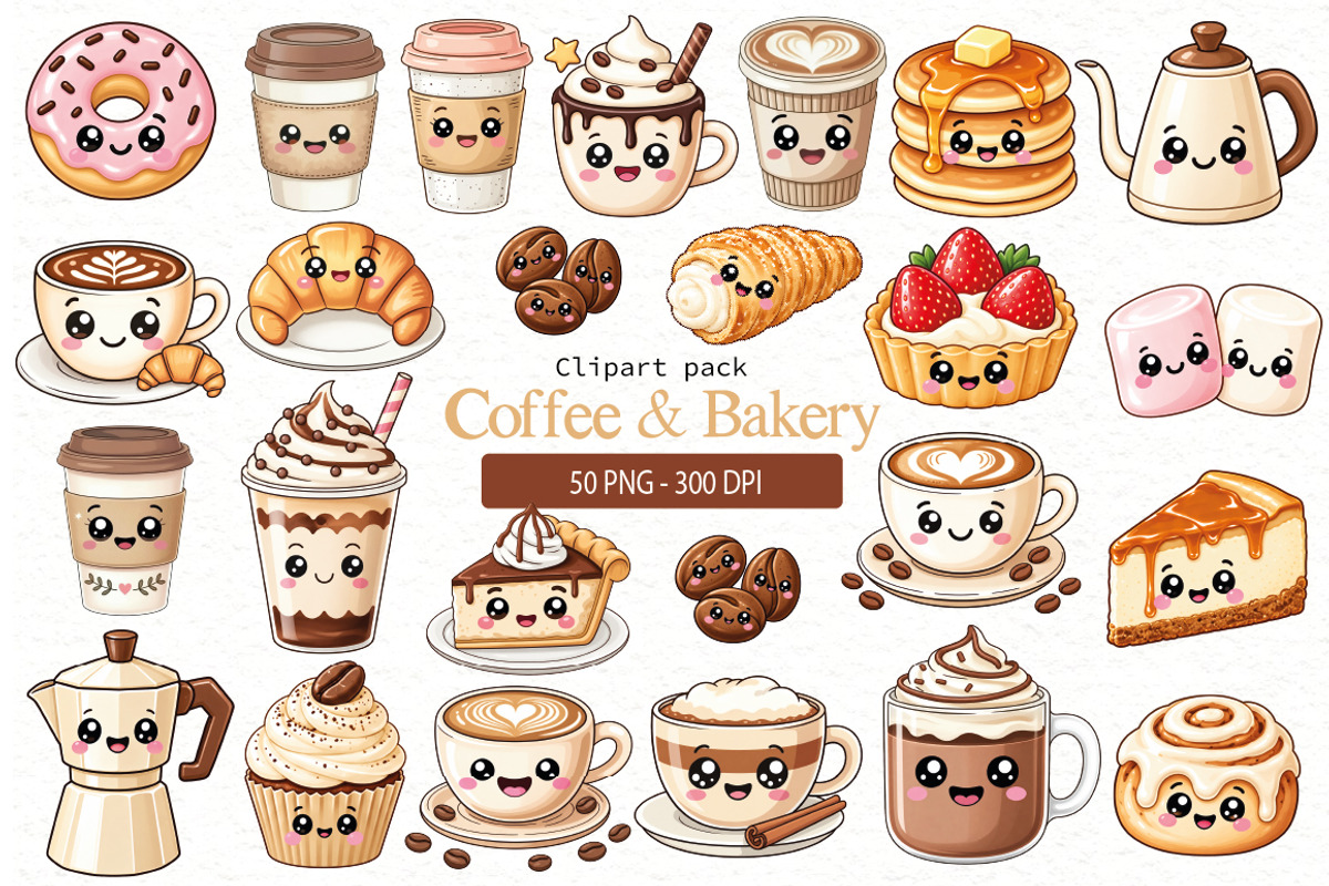 Kawaii Coffee and Bakery Clipart, a Food Illustration by Villa 11 Estudio (Photo 1 of 8)